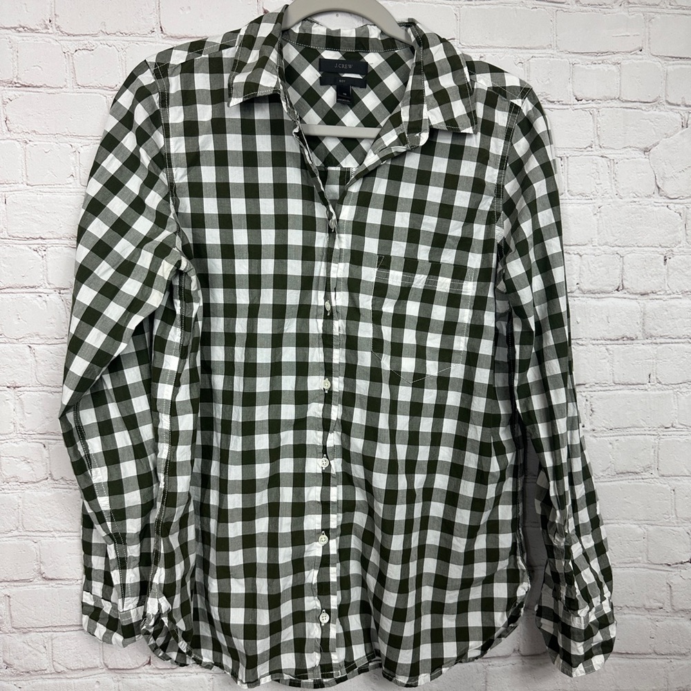 J Crew Boy Fit Plaid Check button up long sleeve cotton Shirt Top, sz 10
